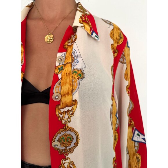 90s vintage red baroque nautical print collared sheer button up blouse shirt - Picture 9 of 10